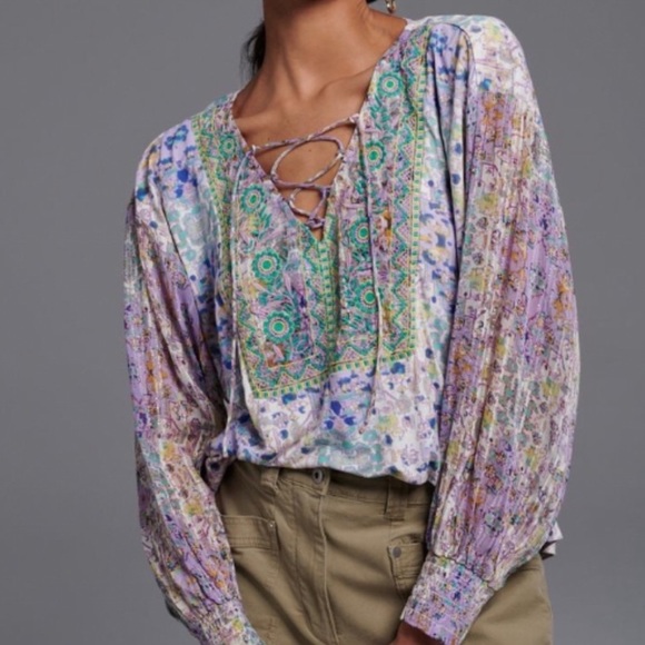 Anthropologie Tops - Anthropologie Odetta Shimmer Embroidered Top Shirt Blouse M
